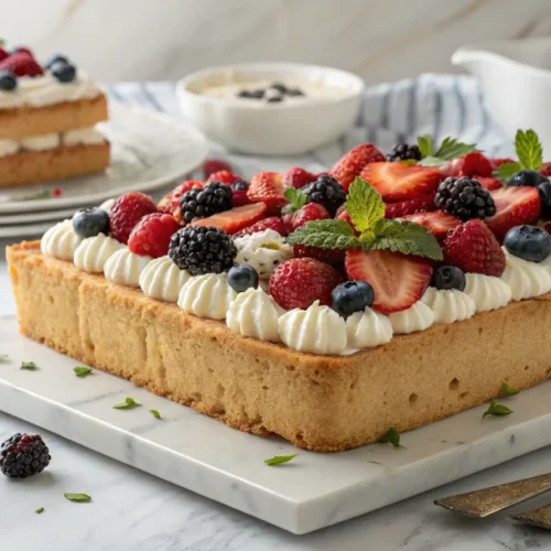 Large homemade giant shortbread cake decorated with fresh berries, whipped cream, and elegant garnish on white marble table,