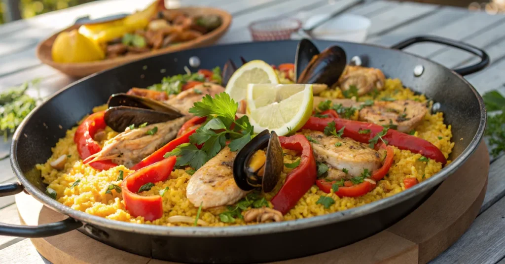 Large paella pan filled with saffron yellow rice, fresh seafood, tender chicken, vibrant red peppers, succulent mussels, and