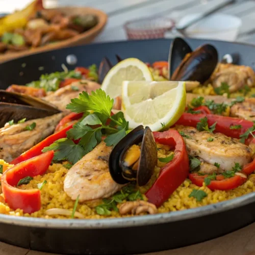 Large paella pan filled with saffron yellow rice, fresh seafood, tender chicken, vibrant red peppers, succulent mussels, and