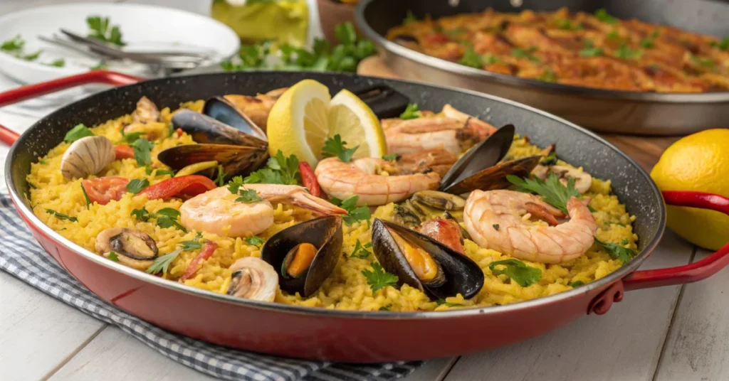 Large vibrant paella pan with saffron rice, succulent shrimp, mussels, and chicken garnished with fresh parsley and lemon wed