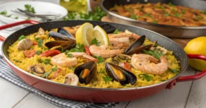 Large vibrant paella pan with saffron rice, succulent shrimp, mussels, and chicken garnished with fresh parsley and lemon wed