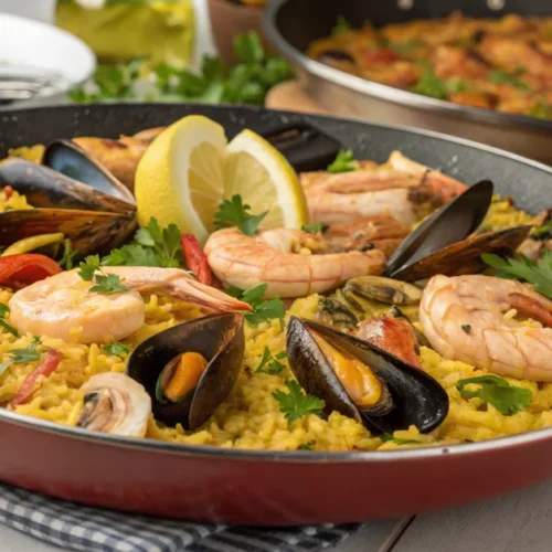 Large vibrant paella pan with saffron rice, succulent shrimp, mussels, and chicken garnished with fresh parsley and lemon wed