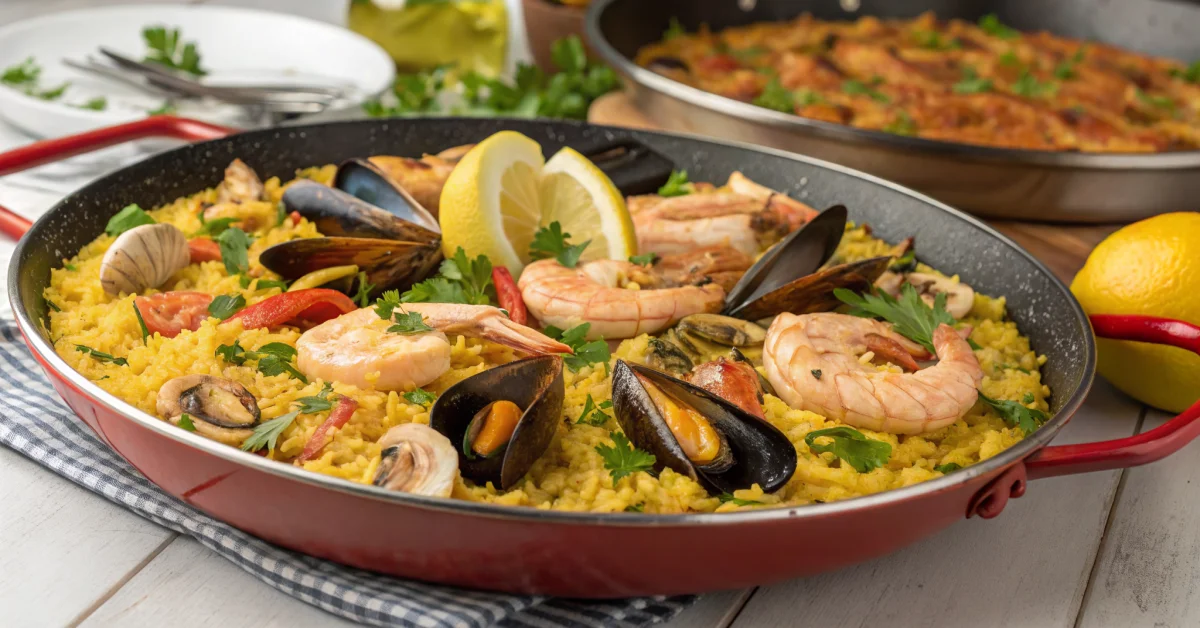Large vibrant paella pan with saffron rice, succulent shrimp, mussels, and chicken garnished with fresh parsley and lemon wed