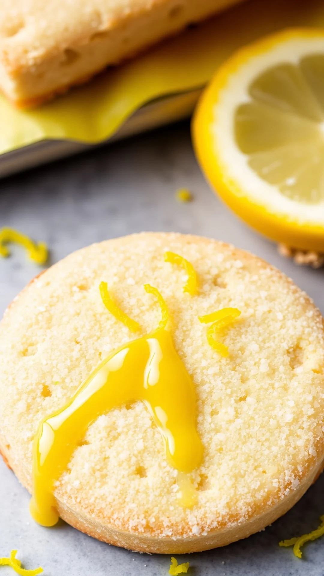 Lemon glazed shortbread biscuit with crystallized sugar coating, fresh lemon zest garnish, bright yellow frosting drip, overh
