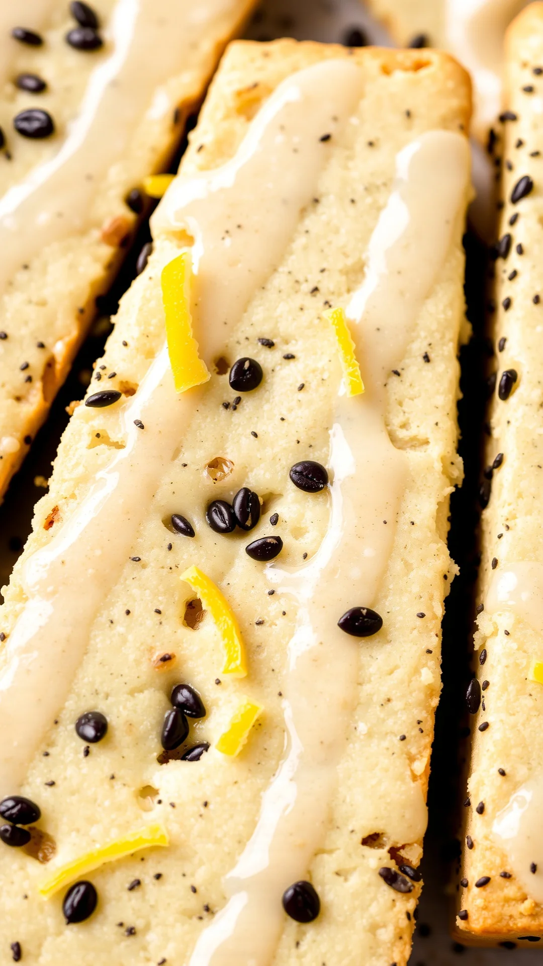 Lemon poppy seed shortbread with visible black seeds texture, light glaze, citrus zest garnish, professional food photography