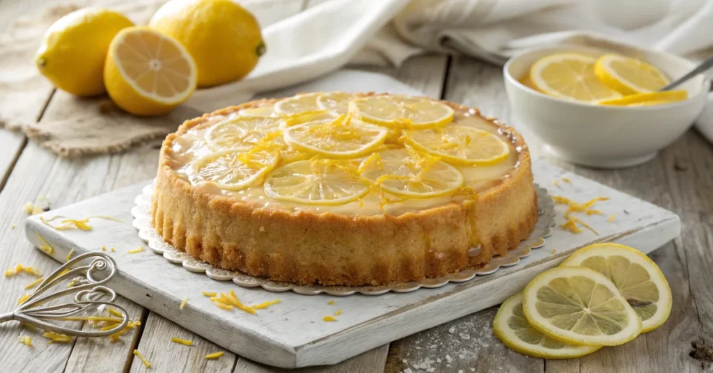 Lemon sablé cake with glossy citrus glaze, fresh lemon slices and candied zest on rustic wooden table, soft natural lighting