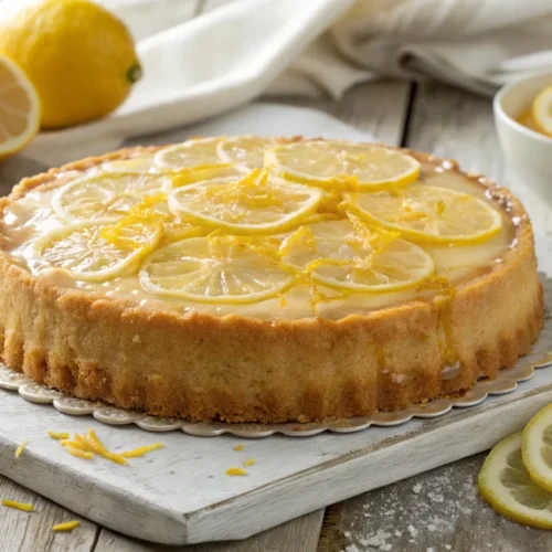 Lemon sablé cake with glossy citrus glaze, fresh lemon slices and candied zest on rustic wooden table, soft natural lighting