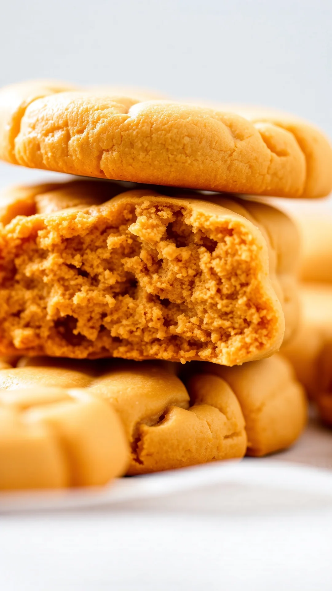 Macro photography of stacked date peanut butter shortbread cookies showing texture, golden color, natural light, food styling
