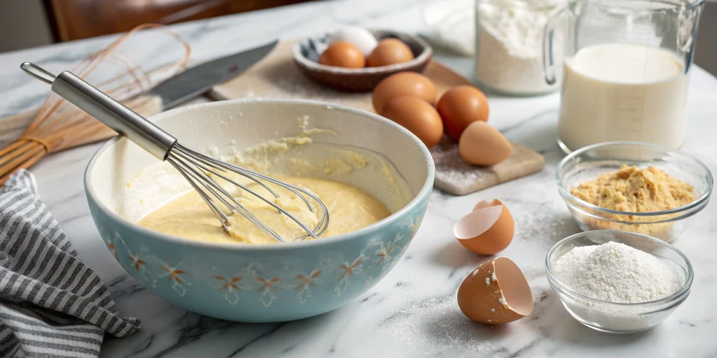Mixing bowl with clafoutis batter being whisked, eggs and flour being combined, kitchen utensils visible, ingredients scatter