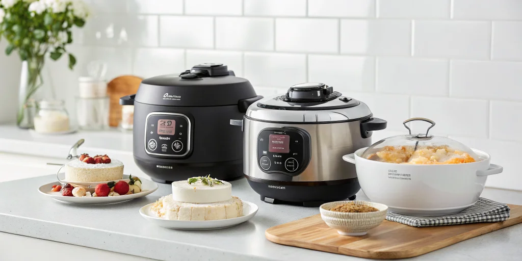 Modern multicooker devices (Cookeo, Companion, Cake Factory) displayed on a clean kitchen counter with baking ingredients arr
