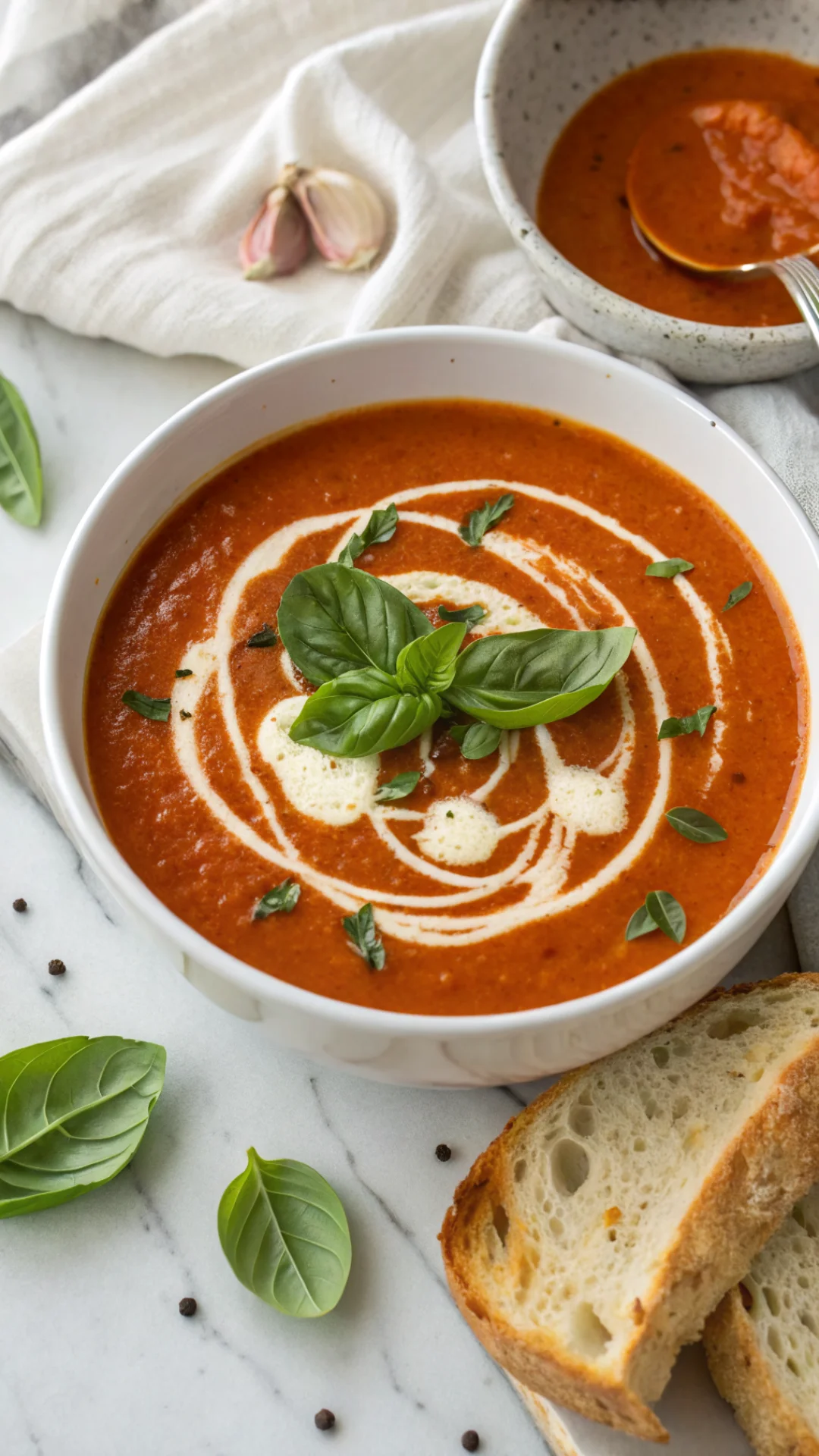 Overhead close-up portrait of rich roasted tomato basil soup in a white bowl, cream swirl, fresh basil leaves, olive oil driz