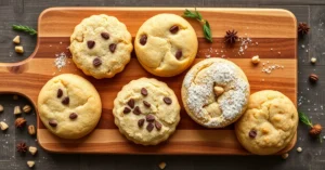 Overhead flat lay composition of five varieties of healthy shortbread cookies without refined sugar arranged on wooden board,