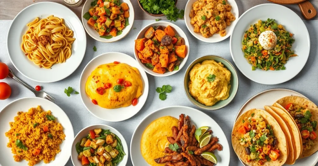 Overhead flat lay of 7 vegetarian dishes including pasta, omelette, curry, salad, stir-fry, polenta and tacos, colorful ingre