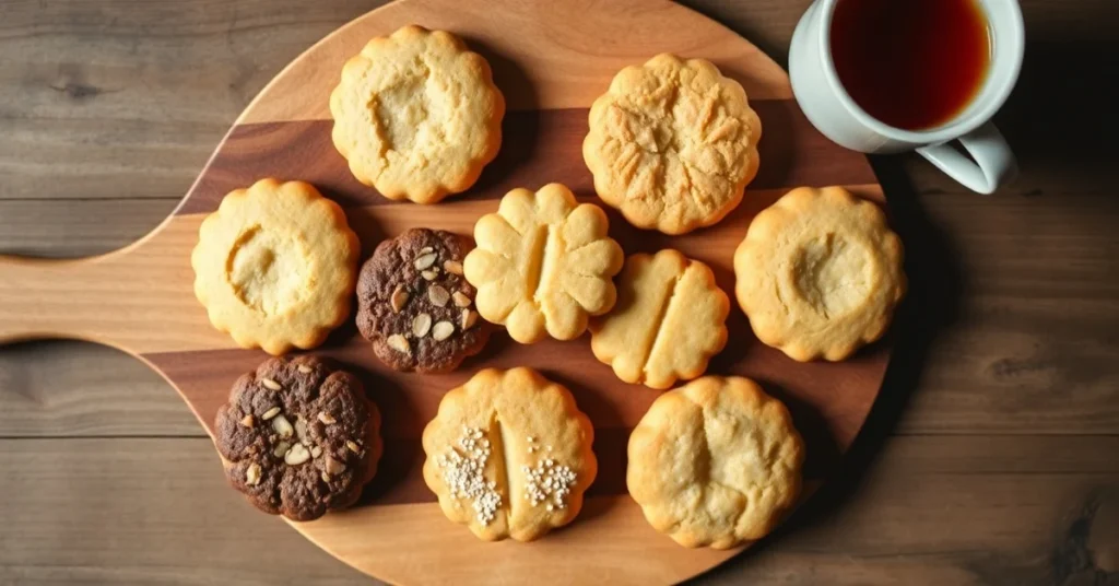 Overhead flat lay of seven assorted homemade shortbread cookies varieties, beautifully arranged on wooden board, golden color