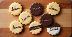 Overhead flat lay of seven assorted personalized shortbread cookies with chocolate, lemon, and coconut variations, wooden boa