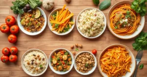 Overhead flat lay of seven budget-friendly vegetarian recipes spread on wooden table, fresh vegetables, legumes, rice pasta,