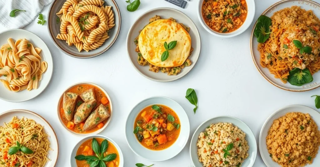 Overhead flat lay of seven different quick vegetarian dinner dishes arranged artfully: pasta, Buddha bowl, omelette, stir-fry