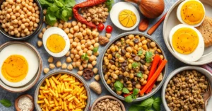 Overhead flatlay vegetarian high protein recipes chickpeas lentils beans eggs dairy products colorful vegetables nutritious f