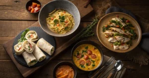 Overhead landscape flat lay of five quick evening meals on a rustic wooden table, pasta carbonara, chicken wok, omelette, tom