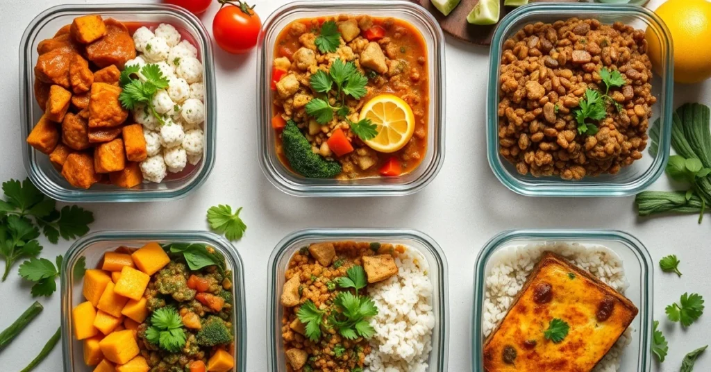 Overhead landscape food photo of five colorful vegetarian meal prep containers arranged neatly, curry, buddha bowl, lentil so