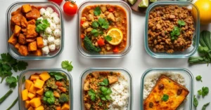 Overhead landscape food photo of five colorful vegetarian meal prep containers arranged neatly, curry, buddha bowl, lentil so