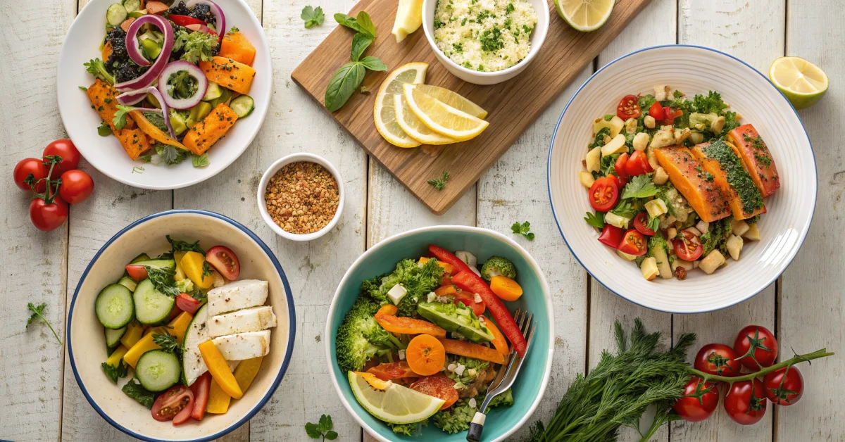 Overhead landscape food photo of seven healthy quick dinner dishes arranged beautifully on a wooden table, colorful vegetable