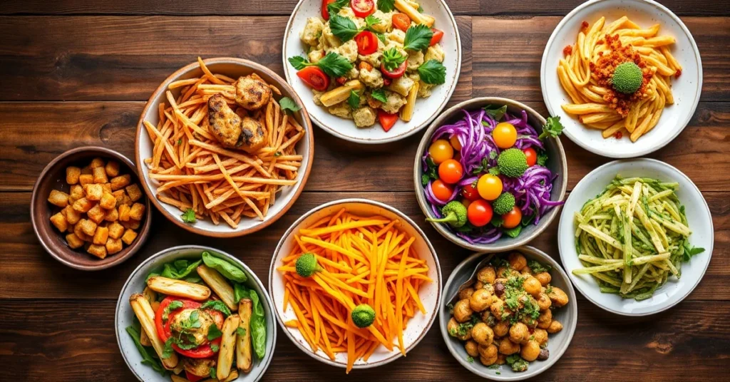 Overhead landscape food photography of seven colorful vegetarian dishes arranged together on a wooden table, fresh vegetables