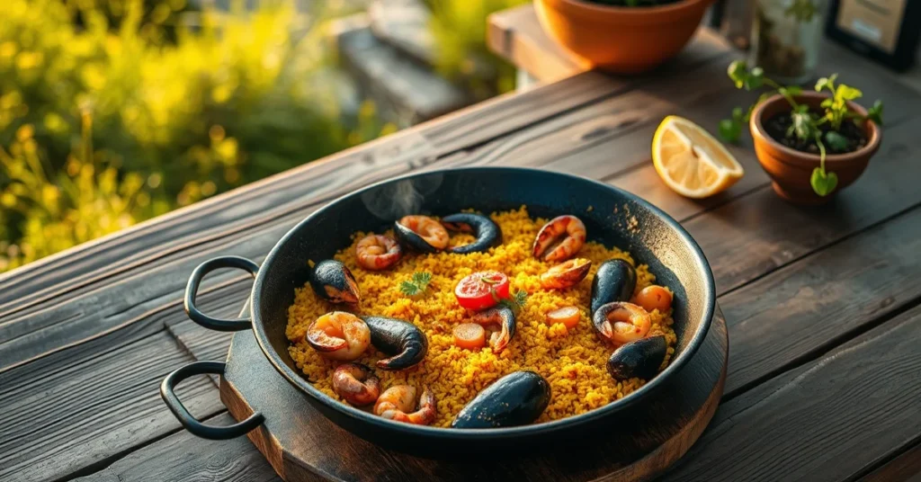 Overhead landscape photo of a beautiful traditional Spanish paella pan with saffron rice, seafood and vegetables, rustic wood
