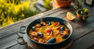 Overhead landscape photo of a beautiful traditional Spanish paella pan with saffron rice, seafood and vegetables, rustic wood