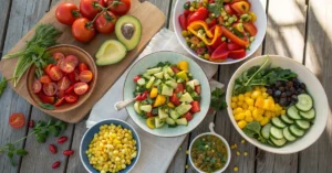 Overhead landscape photo of five colorful summer salads and vegetables spread on a wooden table, vibrant tomatoes zucchini pe