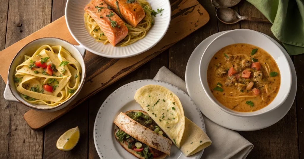 Overhead landscape photo of five quick dinner dishes arranged on a rustic wooden table, pasta, salmon, tacos, omelette and le