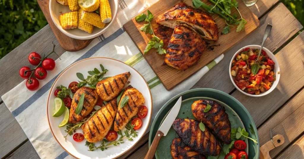 Overhead landscape photo of five summer BBQ chicken dishes spread on a festive outdoor table, colorful grilled chicken recipe