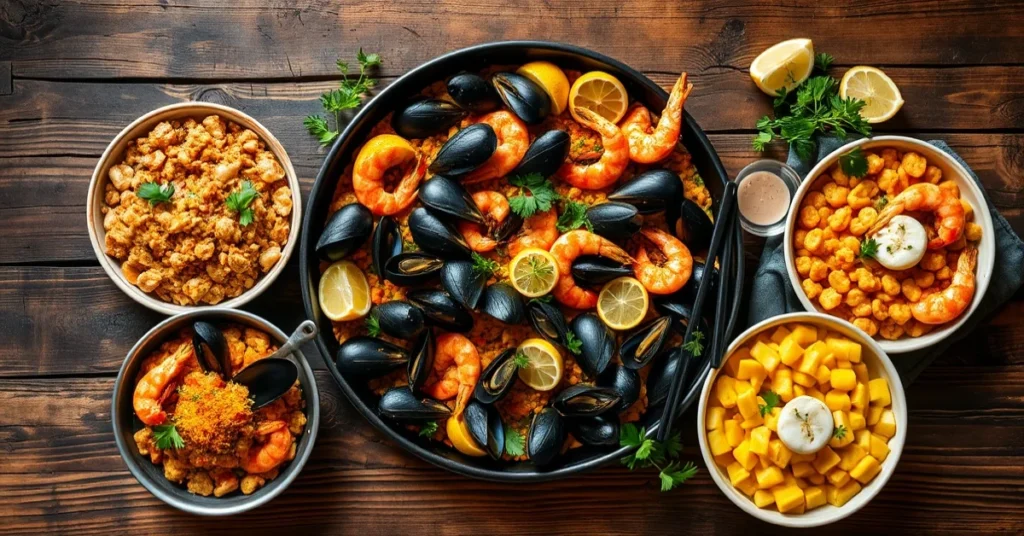 Overhead landscape photo of stunning seafood paella spread with five variations, fresh ingredients, mussels, prawns, saffron,