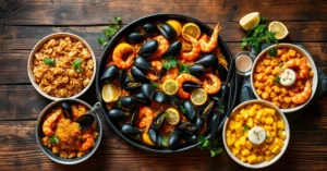 Overhead landscape photo of stunning seafood paella spread with five variations, fresh ingredients, mussels, prawns, saffron,