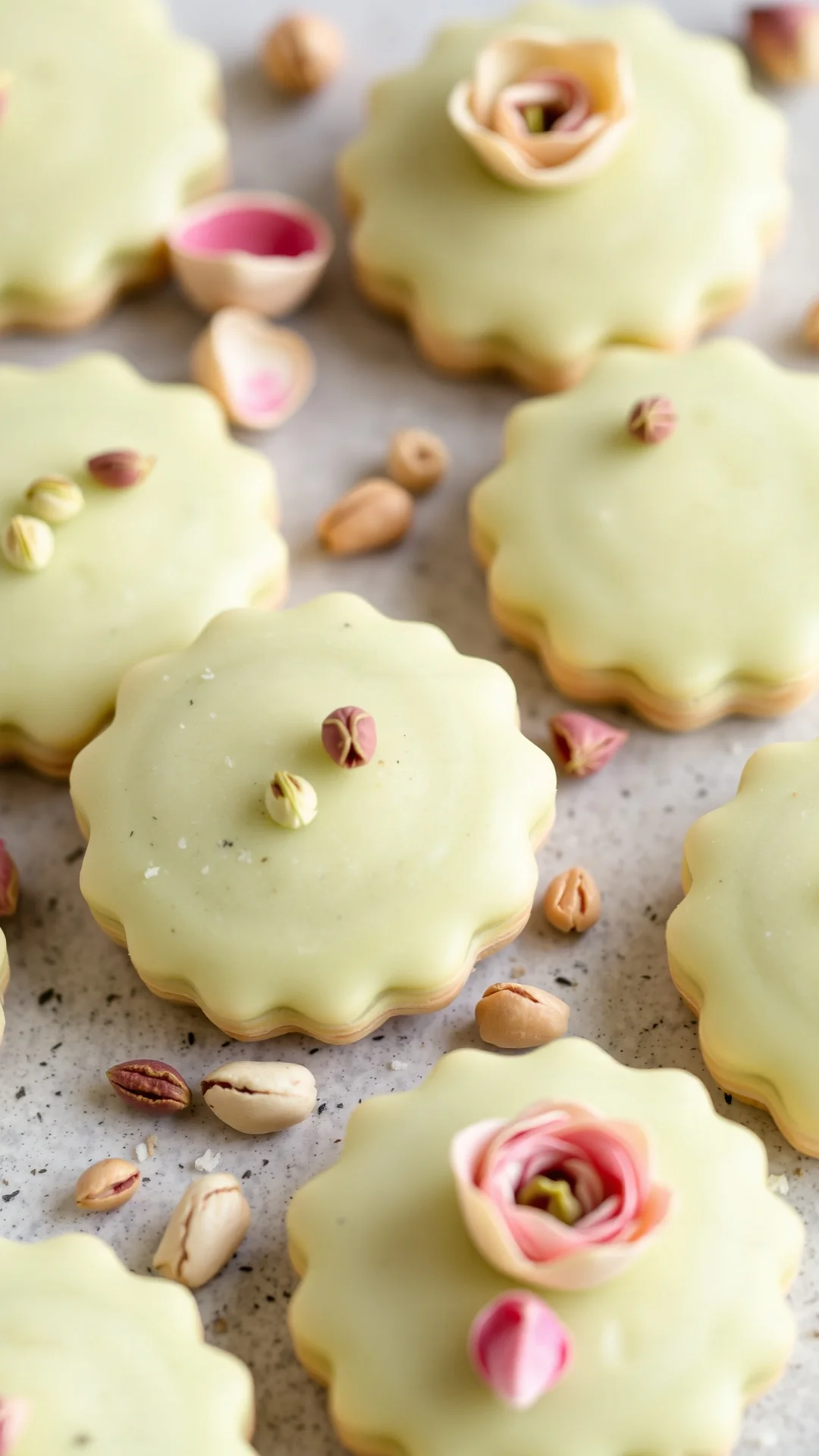 Pistachio rose shortbread biscuits, pale green color with elegant detail, delicate floral aroma visualization, luxurious pati