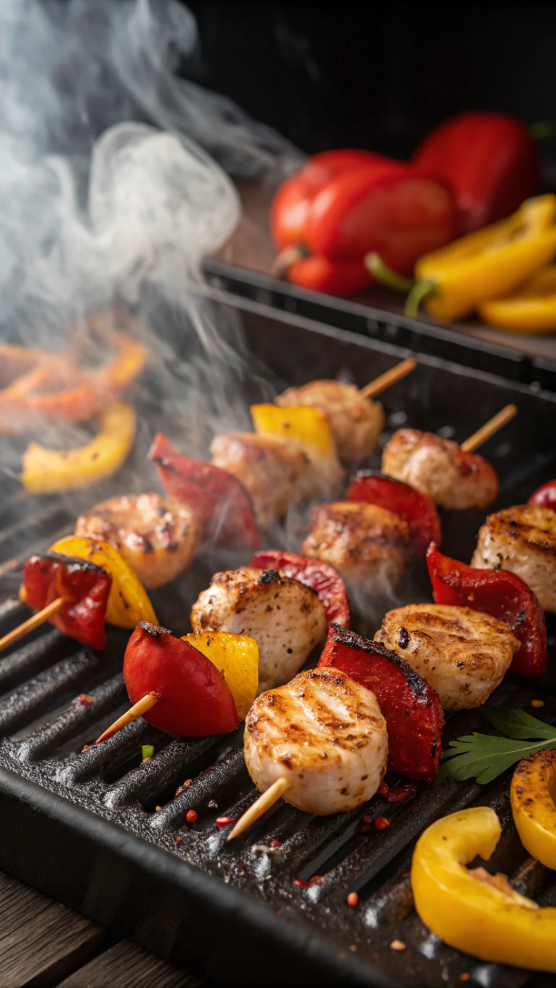 Portrait close-up of colorful monkfish and chorizo skewers with red and yellow peppers on a hot plancha grill, smoke rising,