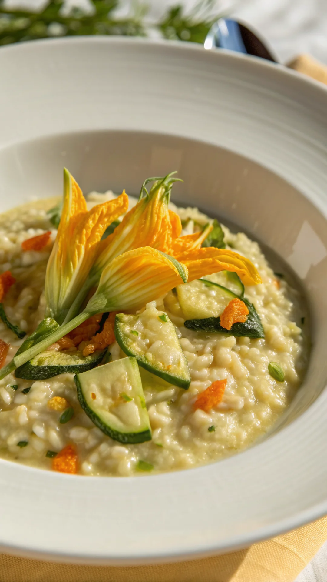 Portrait close-up of creamy Italian risotto with zucchini and orange courgette flowers in a white bowl, soft natural light, 9