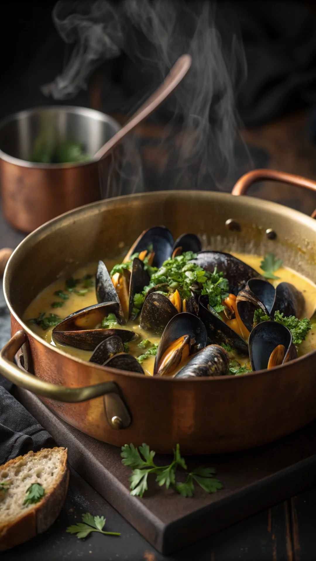Portrait shot of steaming mussels marinières with saffron cream sauce in a large copper pot, fresh parsley garnish, dramatic
