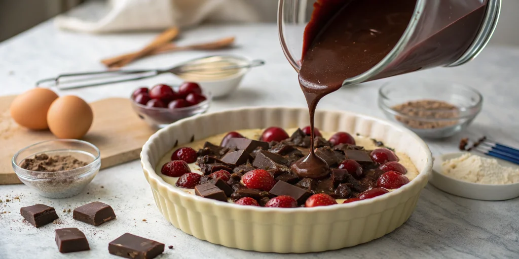Process shot of making chocolate cherry clafoutis batter being poured over fresh cherries and chocolate chunks in a buttered