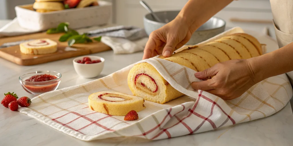 Process shot of rolling French sponge cake with kitchen towel, showing hands carefully rolling warm golden cake, strawberry j