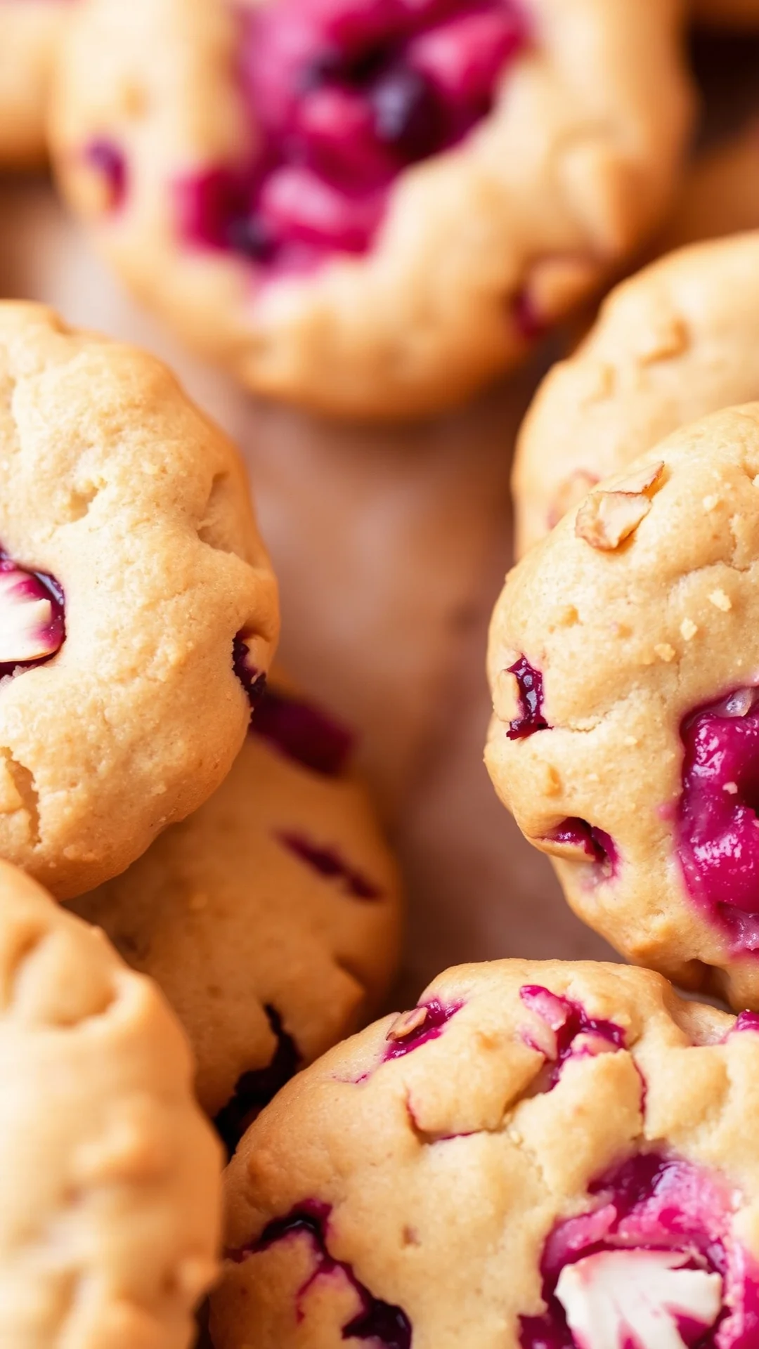 Raspberry almond shortbread cookies, golden brown with roasted almond pieces visible, vibrant appetizing colors, detailed clo