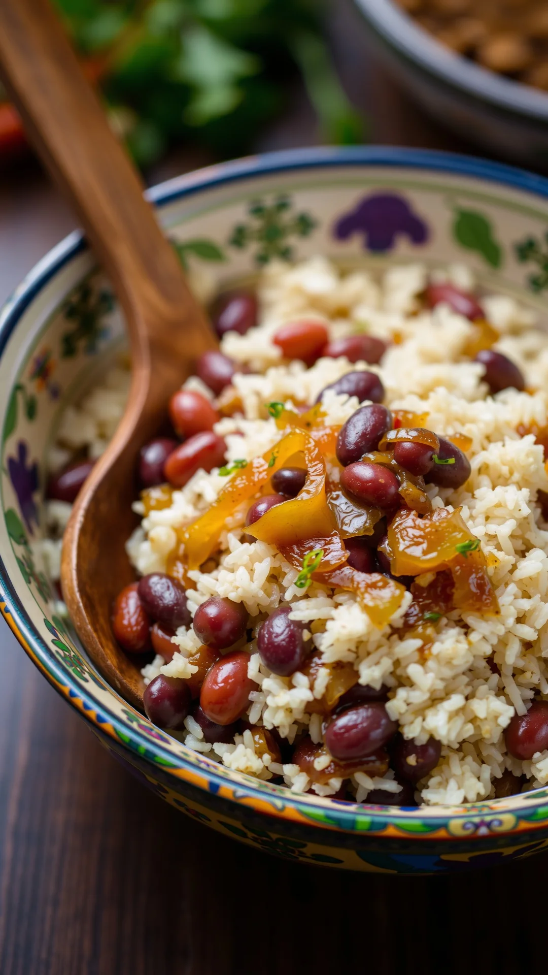 Rice and red beans dish with caramelized onions, traditional recipe, colorful bowl, wooden spoon, vibrant food photography