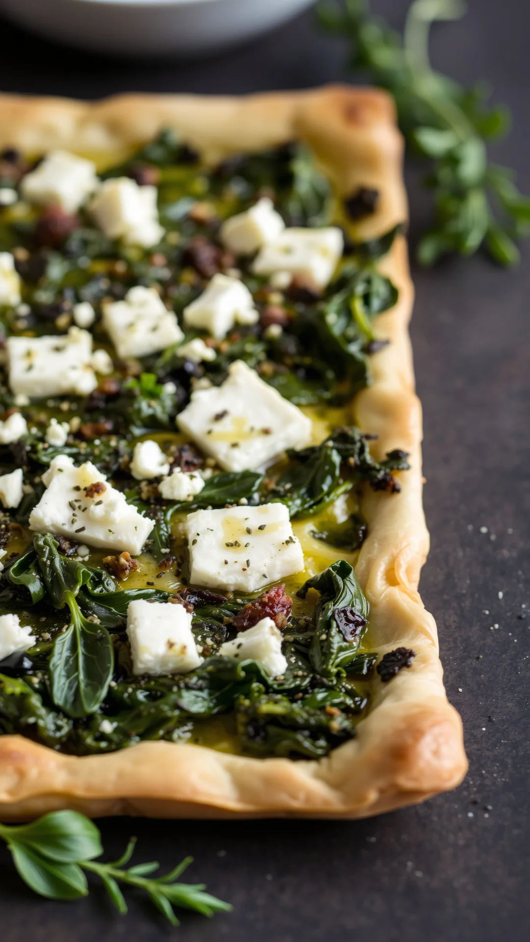 Rustic savory spinach feta cheese tart golden flaky pastry fresh herbs vegetarian dinner elegant