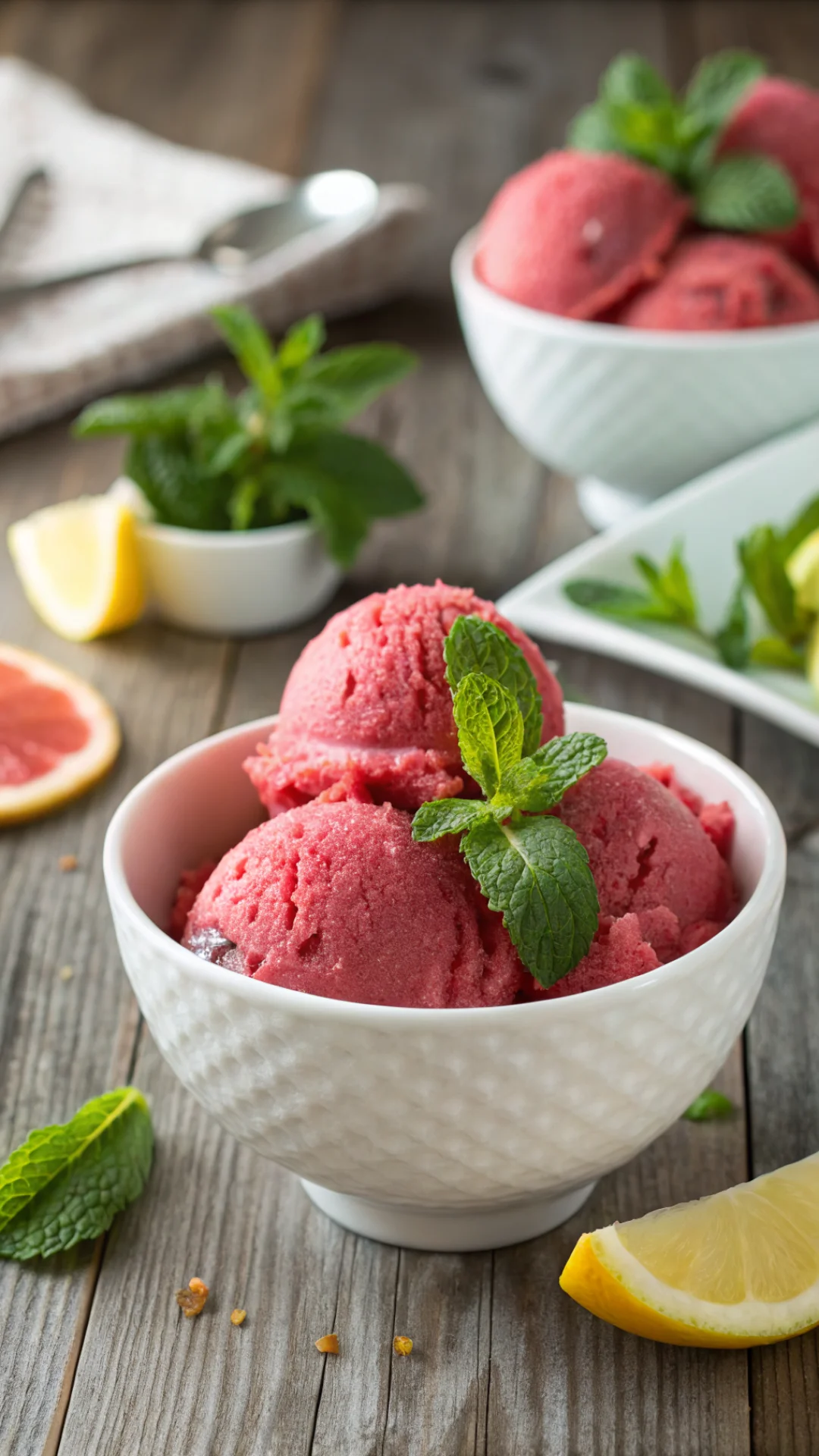 Scoops of deep red watermelon mint sorbet in a white bowl, fresh mint sprigs, lemon zest, rustic wooden background, summer vi