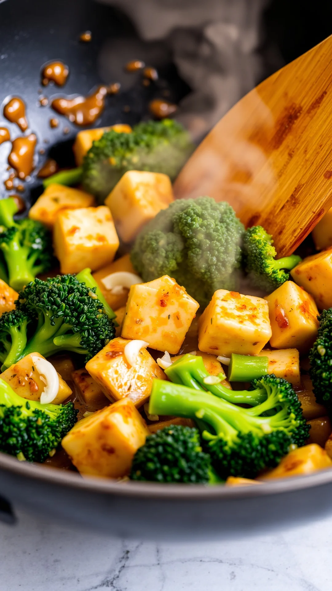 Sizzling tofu and broccoli stir-fry with garlic, wok cooking, vibrant colors, appetizing steam rising, Asian cuisine style