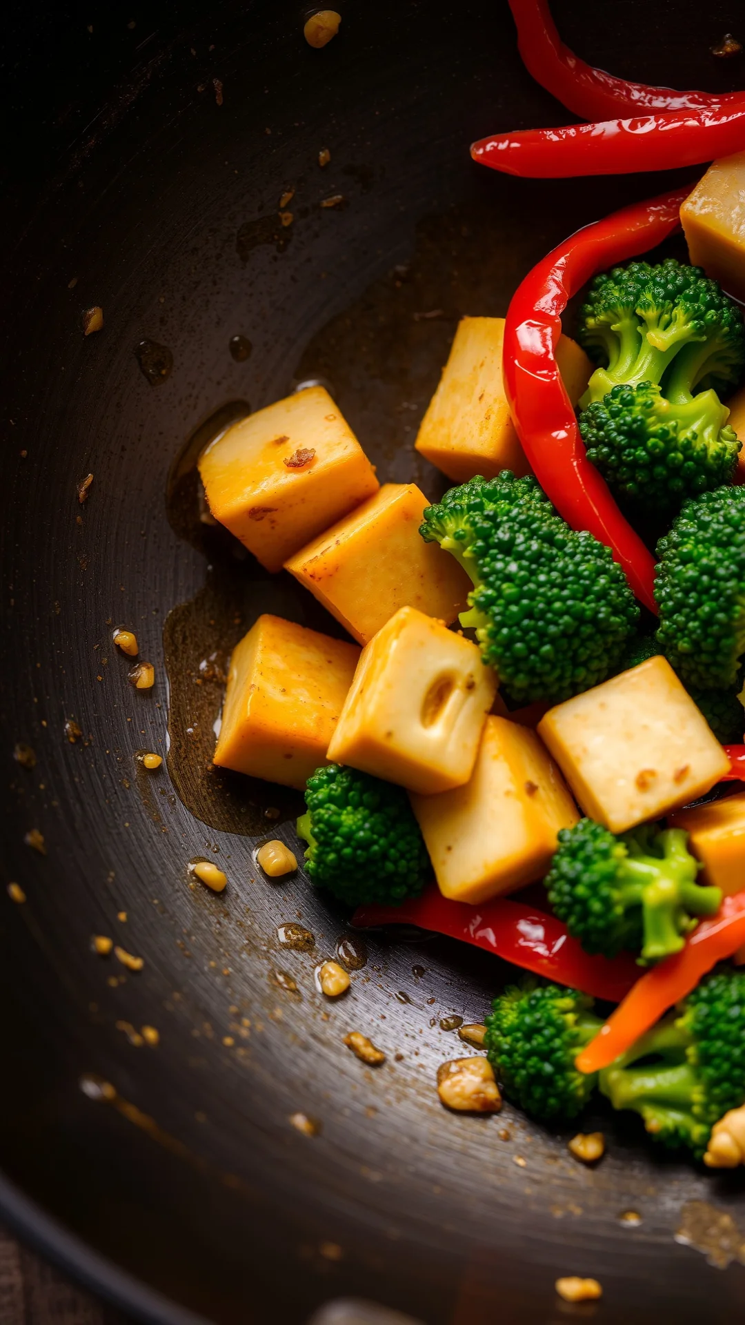 Sizzling wok with golden tofu cubes, crispy broccoli florets, red bell peppers and ginger, Asian stir-fry motion, professiona