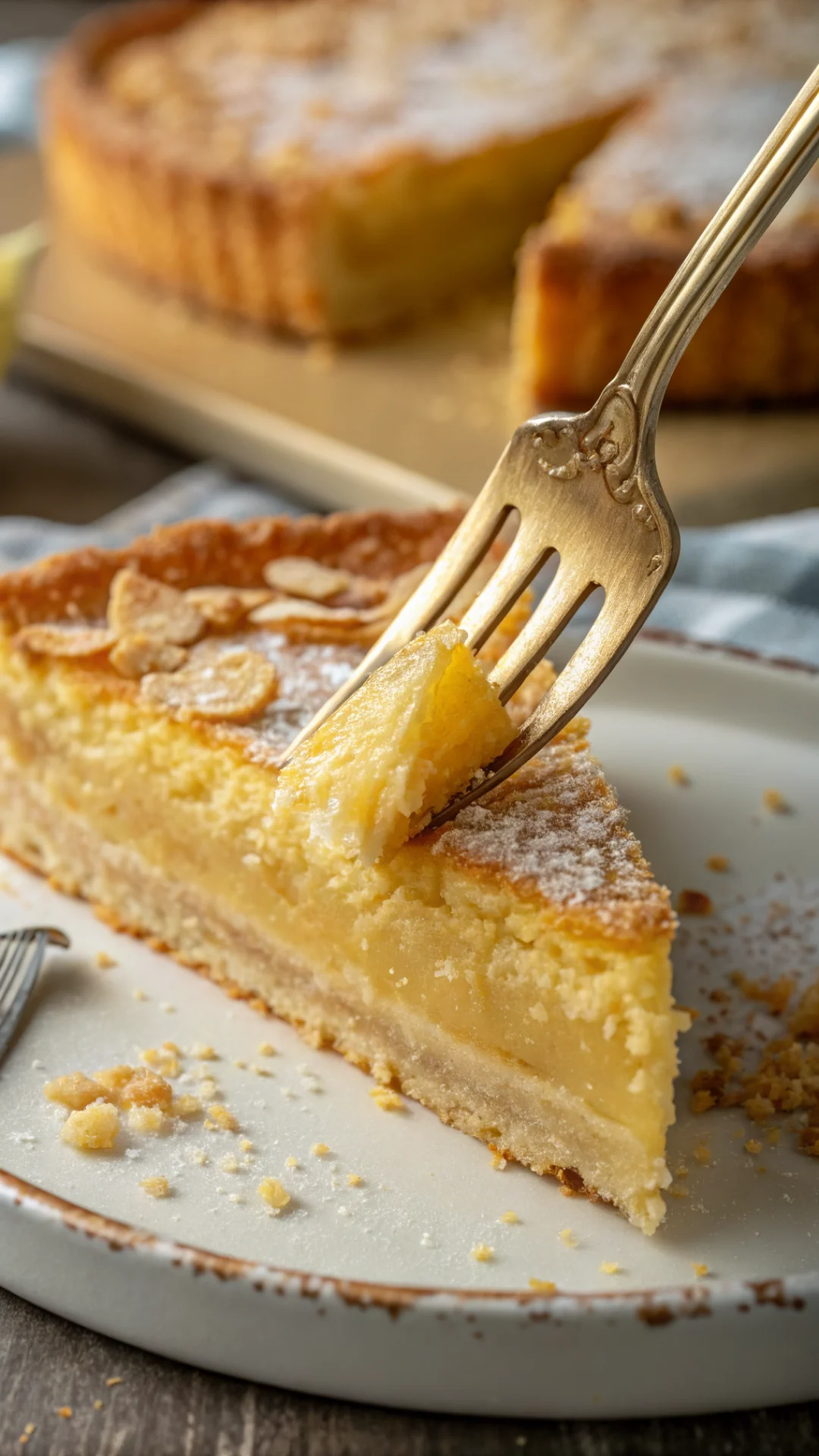 Slice of buttery sablé cake showing tender crumbly texture, golden interior detail, fork piercing through, artisanal French