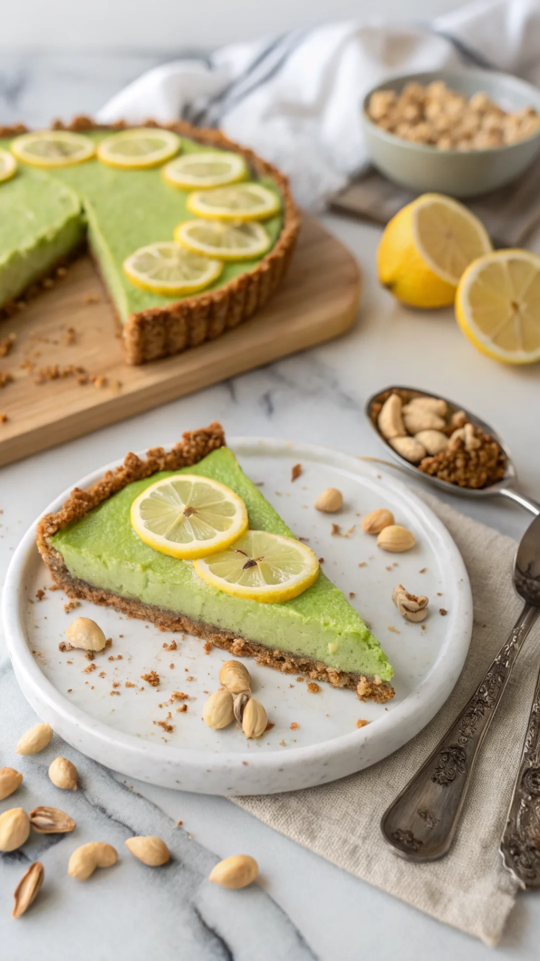 Slice of raw lemon avocado tart with creamy green filling and cashew date crust, lemon slices garnish, marble surface, elegan