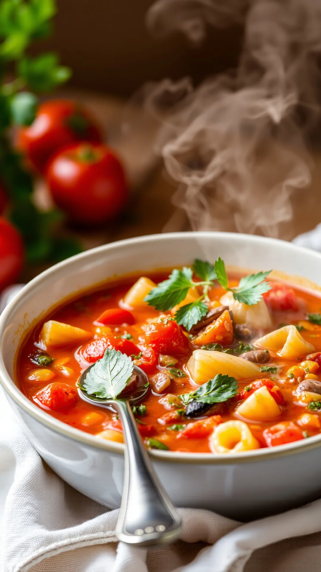 Steaming bowl of minestrone vegetable soup with pasta, tomatoes, beans and fresh herbs visible, comforting Italian comfort fo