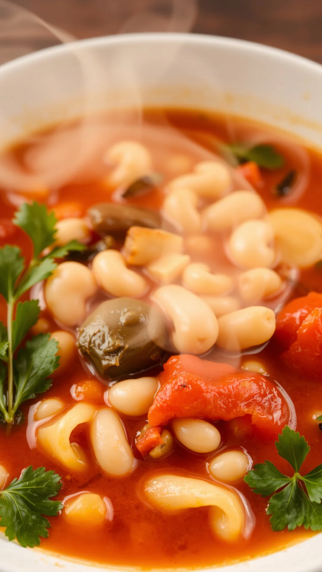 Steaming hot minestrone soup white beans fresh vegetables Italian pasta hearty comfort food healthy